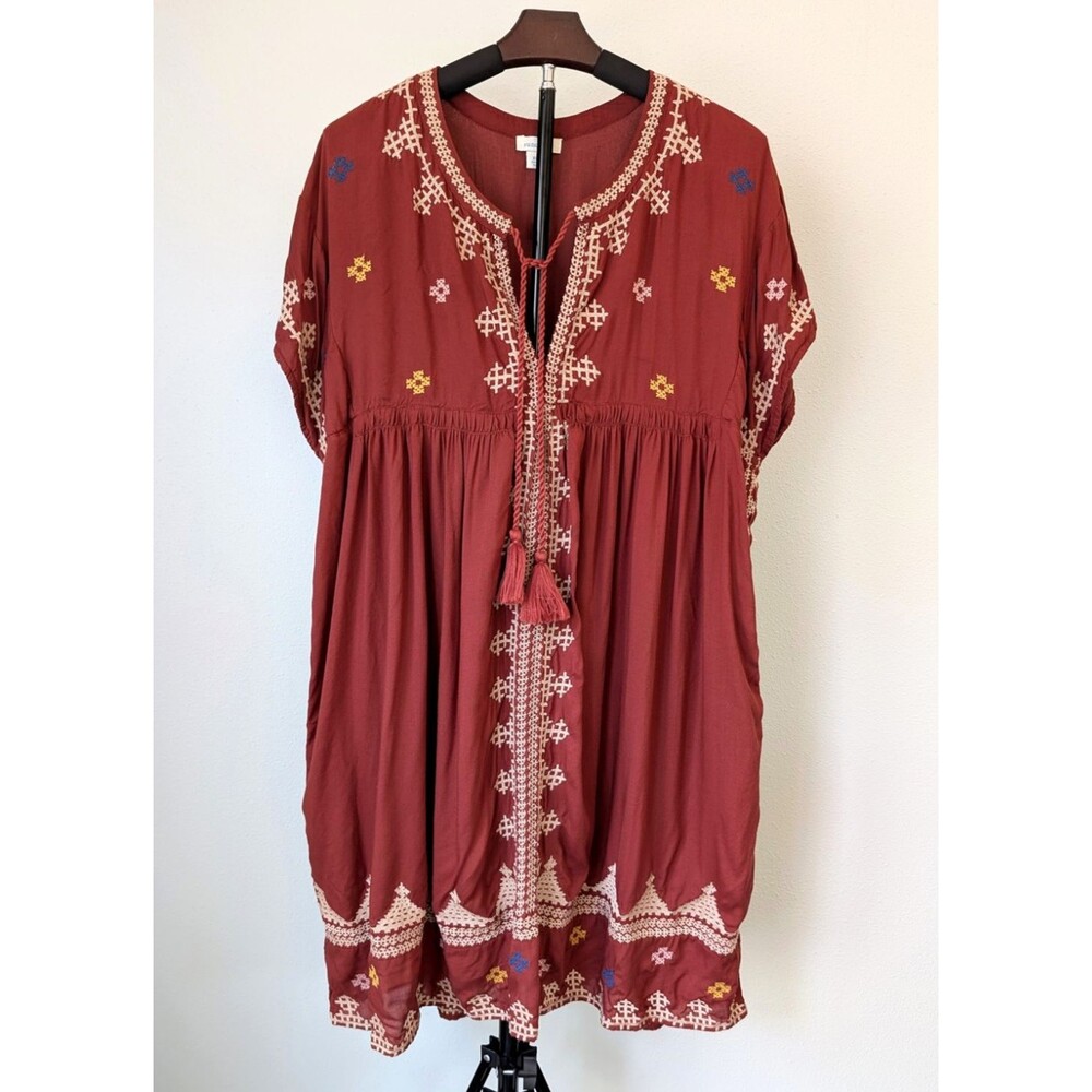 Sundance Embroidered Rust Red Tassel-Tie Dress Peasant Country Cowgirl Boho XXL
